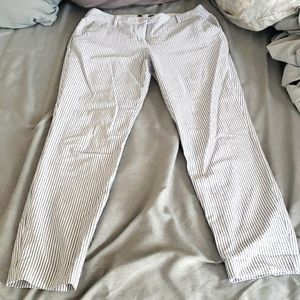 Blue and white pinstriped straight legged cropped pants from Express